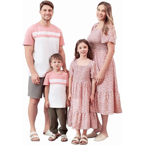 PATPAT Family Matching Outfits Mommy and Me Dresses Ditsy Floral Beach Vacation Photo Dresses and T-Shirts Matching Sets