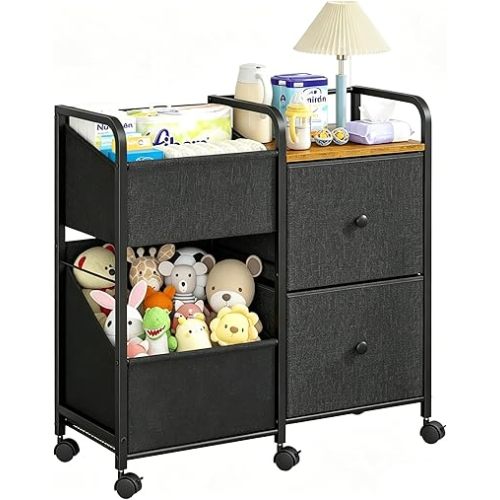 Baby Diaper Caddy Organizer Cart with Wheels, 2 Tier Rolling Cart with Dividers and Drawers, Mobile Utility Cart Bedside for Nursery, Bedroom, Baby Newborn Essentials Storage Cart, Black