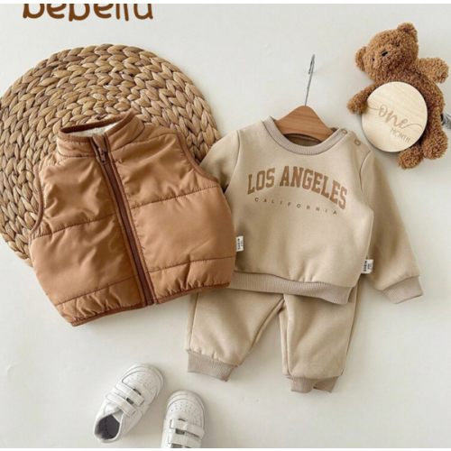 Newborn Baby Girl Cute Casual Knit Khaki Long Sleeve Sweatshirt, Pants And Fleece Jacket Set | SHEIN USA