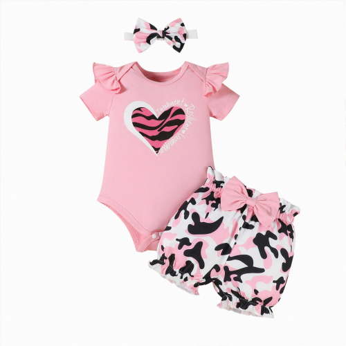 CAICJ98 Baby Girl Summer Clothes Ruffle Short Sleeve Ribbed Romper Tops Floral Shorts Set + Headband Newborn Going Home Outfit (Red,0-3 Months)