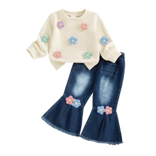 FYBITBO Toddler Baby Girl Clothes Fall Winter Baby Girl Outfit Floral Crewneck Sweatshirt Bell Bottom Jeans Pants Set