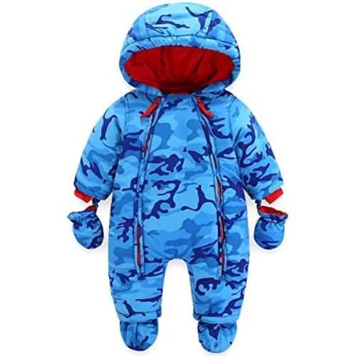 JiAmy Baby Toddler Girls Boys Winter Hooded Romper Snowsuit with Gloves Booties Cotton Jumpsuit Outfits Navy Dinasour