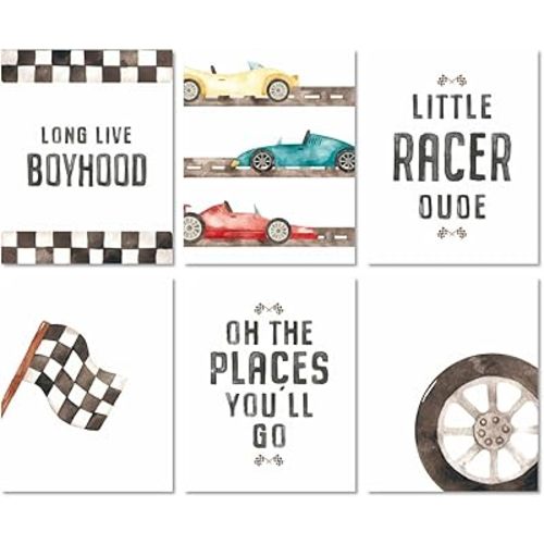 MINI ZOZI Race Car Room Decor Wall Art 8x10 6PCS Boy Nursery Posters Toddler Bedroom Cars Themed Pictures Decoration Kids Boys Car Wheels Long Live Boyhood Racecar