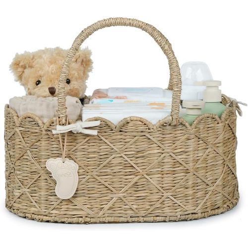 YANGQIHOME Diaper Caddy Organizer, Seagrass Nursery Baby Basket for Baby Essentials, Scalloped Wicker Diaper Caddy, Baby Shower Gifts (Diamond)