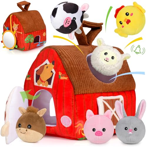 Aojieni Baby Toys 6-12 Months: Plush Surprise Barn with Stuffed Farm Animals, Rattle, Crinkle Paper, Mirror, Busy Montessori Toys for Babies, Infant, Newborn, Sensory Toys for Toddlers 1-3