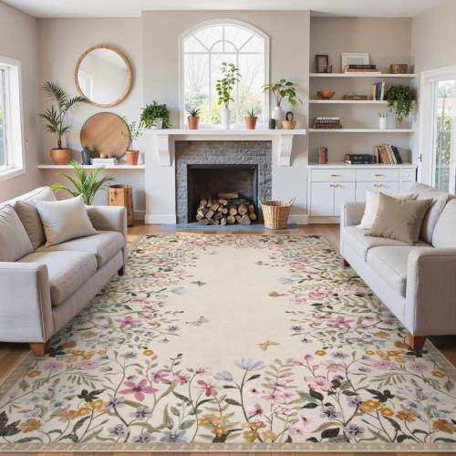 Wonnitar 6x9 Floral Washable Rug, Beige Rugs for Bedroom, Soft Low Pile Living Room Area Rug, Non-Slip Throw Carpet for Nursery Playroom