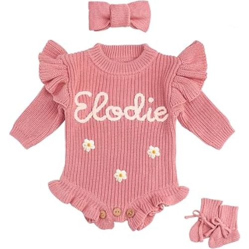 Custom Name Embroidered Baby Girl Knit Romper, Ruffle Sleeve Onesie, Newborn Coming Home Outfit, Personalized Infant Sweater Clothing