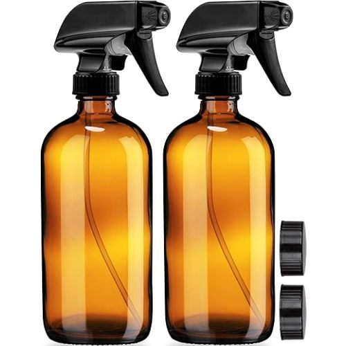 Sally's Organics Empty Amber Glass Spray Bottles - 2 Pack - Large 16oz Refillable Bottle for is Great for Essential Oils, Plants, Cleaning Solutions, Hair - Durable Nozzle - Fine Mist/Stream Setting