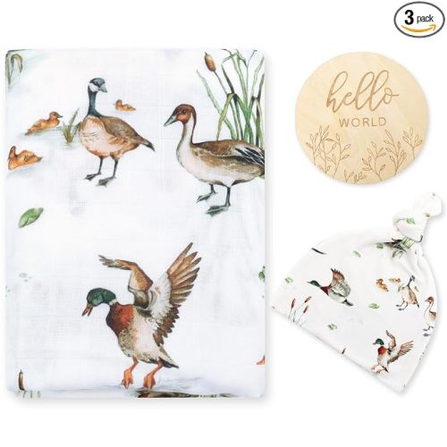 LifeTree Muslin Swaddle Blankets, Muslin Baby Boy Swaddle Blanket and Hat Set with Birth Announcement Card, Newborn Unisex Receiving Blankets Mallard Duck