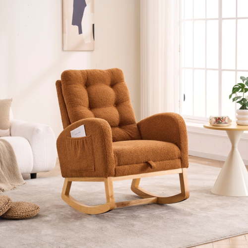 High-Back Rubber Wood Rocking Chair with Footrest - Ergonomic Living Room & Bedroom Rocker, Solid Wood Frame, Thick Cushioned Seat for Full Body Support