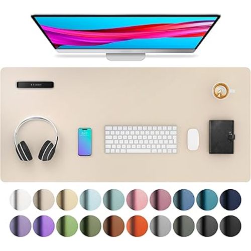 Aothia Leather Desk Pad Protector, Mouse Pad, Office Desk Mat, Non-Slip PU Leather Desk Blotter, Laptop Desk Pad, Waterproof Desk Writing Pad for Office and Home (Beige, 36" x 17")