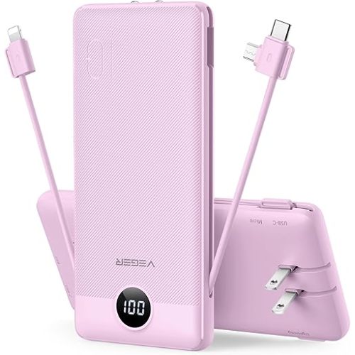 VEGER Portable Charger with Built-in AC Plug and Cables, All in One 10000mAh Ultra Slim Power Bank Travel Essentials, Fast Charging Battery Pack Compatible with iPhone, Samsung, Android (Purple)