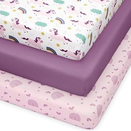 Pack and Play Sheets Fitted, 3 Pack Soft Stretchy Baby Mini Crib Sheets for Pack N Play Mattress and Portable Playard Sheets for Girls Purple Rainbow Unicorn