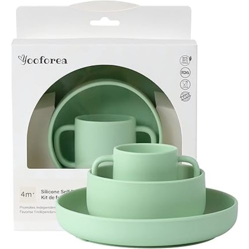 Yooforea Baby Led Weaning Supplies I Toddler Infant Baby Essentials First Stage I Baby Feeding Set - Tiny Cup, Suction Bowl & Plate I 100% Platinum Food Grade Silicone I BPA BPS PVC Free - Tea