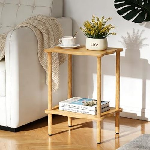 THUMEYE 2-Tier Side Table 20.6”H, Space-Saving Small Nightstand with Solid Wood Legs, Tool-Free Assembly, Suitable for Reading Chair, Bedside, Balcony, 15.7”D x11.8”W, Burlywood