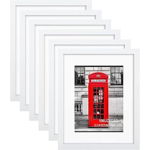 11x14 Picture Frame Rustic White Set of 6,Display Pictures 8x10 with Mat or 11x14 Without Mat,Multi Photo Frames Collage for Wall or Tabletop Display