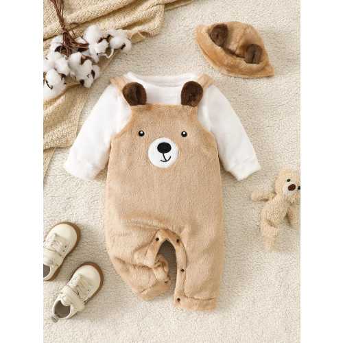Plush Teddy Bear Romper & Hat 3PC Set | Winter Warm Fleece Baby Jumpsuit | Newborn Gift