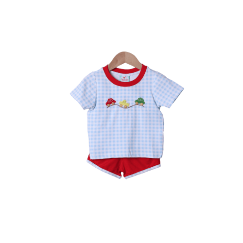 Crochet Cars Blue Gingham/Red Short Set