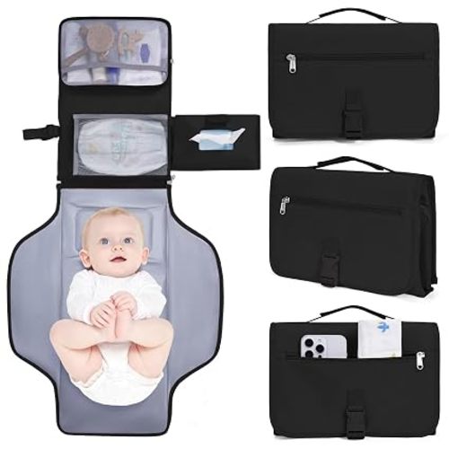 CEICEI Portable Diaper Changing Pad Waterproof Travel Baby Changing Mat with Large Wet/Dry Pocket & Elastic Wipes Pockets, Foldable Compact for On-The-Go Diaper Changer (Black)