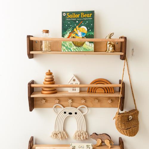 Set of Shelves for Books & Toys | Wall Shelf with Hooks | Nursery Furniture | Wooden Wall Bookshelf for Kids | Child's Room Organizer