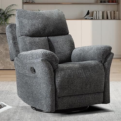 CANMOV Rocker Recliner, Manual Swivel Recliner with Overstuffed Cushion, Nursing Chairs for Living Room, Swivel Glider Recliners with Soft Backrest, Dark Grey