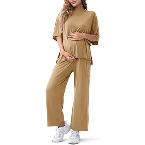 Maternity Lounge Set 2 Piece Outfits Matching Short Sleeve Top Adjustable Long Pants Pregnancy Summer Loungwear
