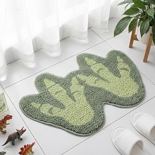 Tinideya Dinosaur Footprints Bath Rug 24 x 16 Inch Tufted Cotton Bath Mat Non Slip Aqua Green Microfiber Rug Machine Washable Floor Mat for Boys Bathroom Shower Bedroom Decor