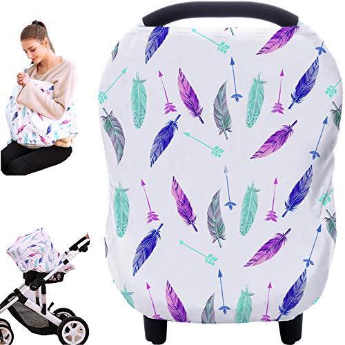 Carseat Canopy Covers for Breastfeeding - Baby Car Seat Covers Breastfeeding Cover Multi Use Boys and Girls Shower Gifts (Feather)