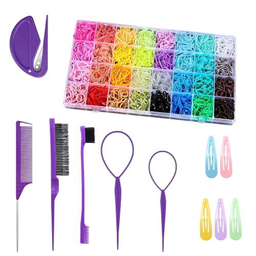 DUAIU, 32 Colors Small Hair Rubber Bands, 2000 pcs, Includes 16 Styling Tools and Elastic Cutter