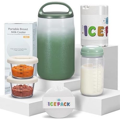 3-in-1 Breast Milk Cooler for 24H 360° Cooling, 11oz Breastmilk Chiller with Bottle & 8oz Baby Food Containers & 27oz Insulated Food Jar, Fits from Baby to Adult for Outdoor, Work & Travel - Green