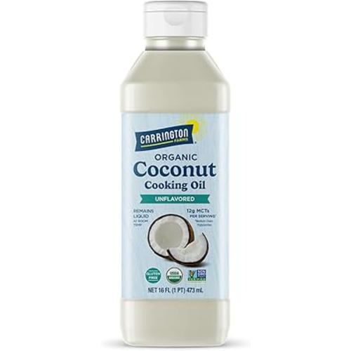 Carrington Farms Organic Liquid Coconut Cooking Oil, 16 Fl Oz –Unflavored, Unscented, High Smoke Point, MCT-Rich, No Trans Fat – For Cooking, Sautéing, Frying & Baking – Gluten Free, Non-GMO, Hexane Free, BPA Free Bottle