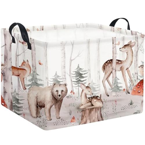TIBAOLOVER Rectangular Woodland Animal Basket Kids Baby Storage Basket Cute Storage Bin Organizer Shelf Book Woodland Room Decor(Woodland Animal)