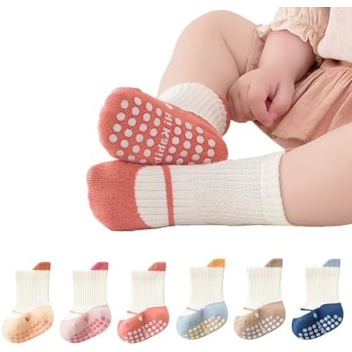 Baby Toddler Non-Skid Crew Socks Non Slip Socks Girl Boy Newborn Infant First Walking Floor Socks 6 Pairs