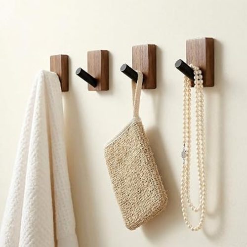 4 Pack Wooden Wall Hooks, Heavy Duty Aluminum & Walnut Wall Hook Set, Adhesive or Screw Mount for Entryway, Bathroom, Bedroom – Boho Coat Rack for Hats, Towels, Robes, Bags, Keys (Black Walnut)