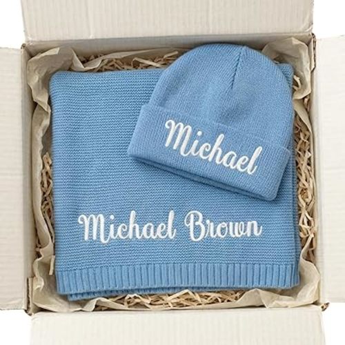 Personalized Baby Blanket with Name, Cotton Receiving Swaddle Blanket and Beanie Set, Customized Baby Blankets for Boys Girls, Soft Gift for Newborns Kids Baby Shower