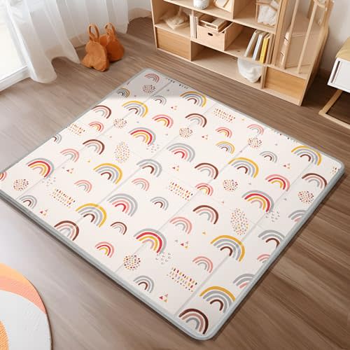 Foldable Baby Play Mat, PIGLOG 50x50 Playpen Mat, Waterproof Playmats for Babies and Toddlers Kids, Safe Foam Playmat for Tummy Time, Reversible Portable Baby Floor Mat for Infant, Colorful+Rain