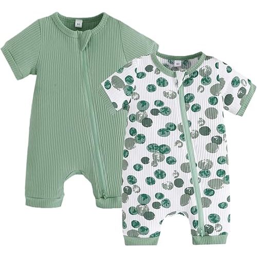 Bafeicao Unisex Baby Boy Girl 2 Pack Rompers Short Sleeve 2 Way Zipper One Piece Jumpsuits Clothes Sets