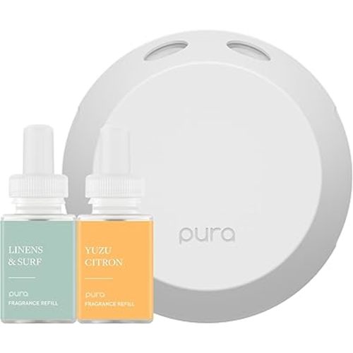 Pura Smart Home Fragrance Device Starter Set - Pura 4 - Scent Diffuser for Home - Includes Fragrance Aroma Diffuser - Square Box, Linens & Surf and Yuzu Citron Scent Refills