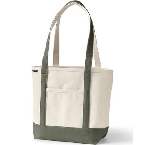 Lands' End Medium 5 Pocket Open Top Long Handle Canvas Tote Bag - - Natural/Dark Olive Green