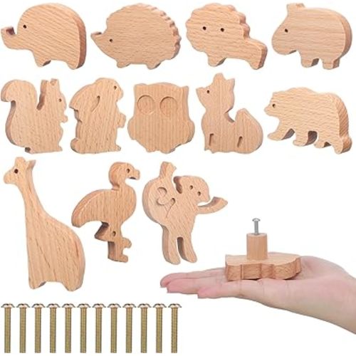 Qunclay 12 Sets Wooden Animal Dresser Knobs Decorative Nursery Wood Drawer Pulls with Screws Furniture Pulls Handles for Nursery Home Bedroom Kitchen Cabinets Hardware Cupboard (Woodland Animal)