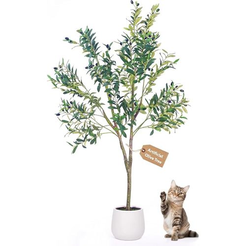 Artificial Olive Tree, 5FT Tall Faux Olive Tree with White Tall Planter, Lifelike Fruits, 60in x 9in (Width x Depth), Perfect for Home Office Decor