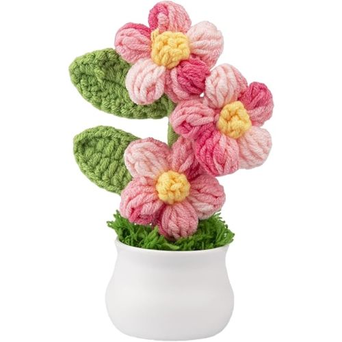 Knitting Crochet Puff Flowers Potted Plants, Gradient Colorful Flowers for Friends, Family and Lover, Handmade Flowers for Home Office Decoration, Car Decoration, Valentine's Gift. (GPink)