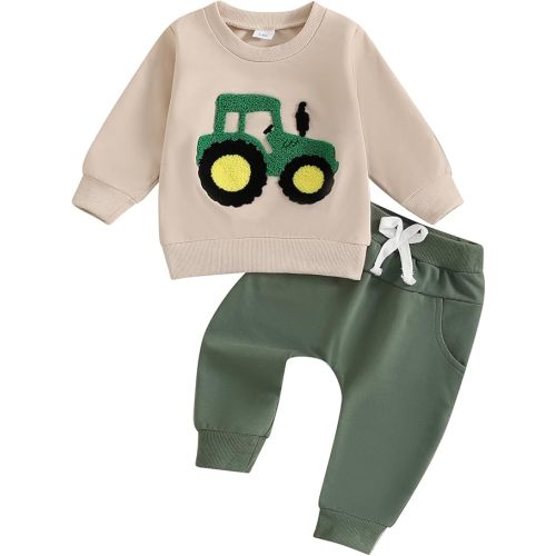 FOCUSNORM Toddler Baby Boy Fall Winter Outfit Excavator Embroidered Long Sleeve Sweatshirt Elastic Jogger Pant 2 Pcs Clothes