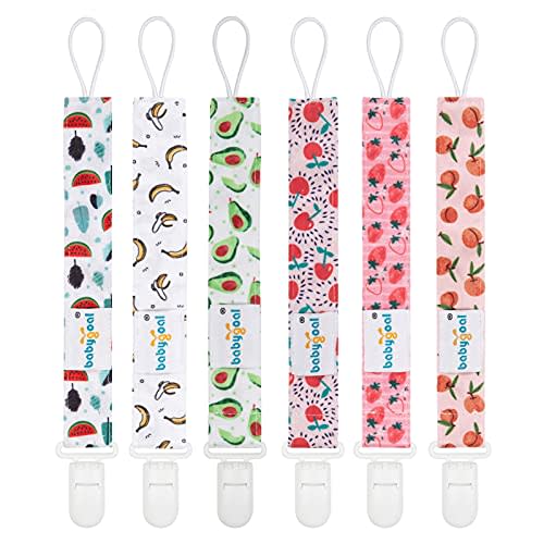 babygoal Fruit Pacifier Clips 6 Pack for Most Baby Pacifiers & Binkies | Holder Clip Leashes for Infant Boys & Girls Soother, Binky, Teethers
