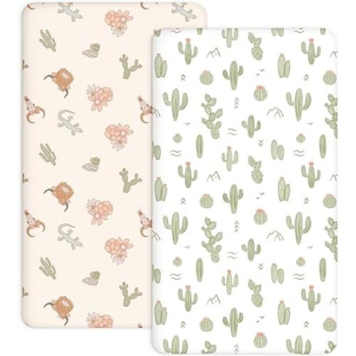 Pack and Play Sheets 2 Pack, Fitted Jersey Knit Mini Crib Sheets for Baby Boys and Girls, Compatible with Graco Pack N Play and Mini Crib Mattress (Cactus Cozy, Pack N Play/Mini Crib Sheets)