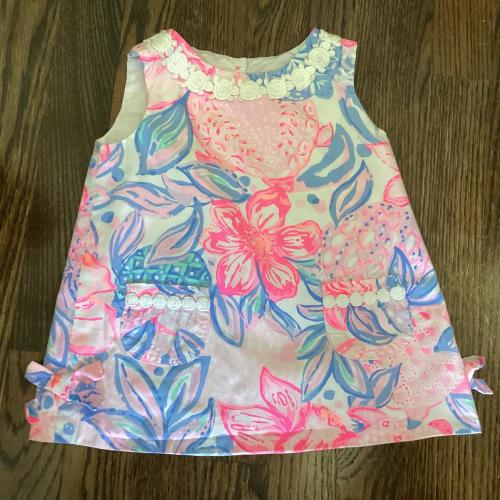 Lilly Pulitzer Blue & Pink Shift Dress Baby 18-24 Months Tropical Girl Bow Lace