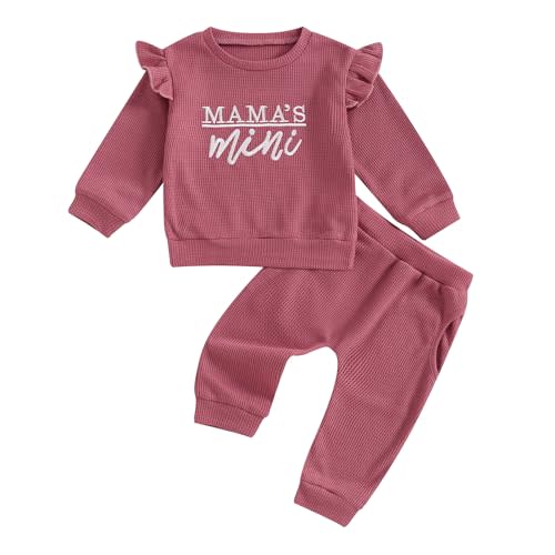 Newborn Baby Girl Fall Winter Waffle Outfit Clothes Ruffle Long Sleeve Mama Mini Sweatshirt Pants Sweatsuits