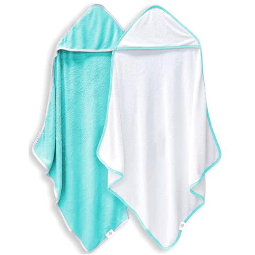 2 Pack Baby Bath Towel - Rayon Made from Bamboo, Ultra Soft Hooded Towels for Babies,Toddler,Infant - Newborn Essential -Perfect Baby Registry Gifts for Boy Girl (White and Malachite, 30 x 30 Inch)