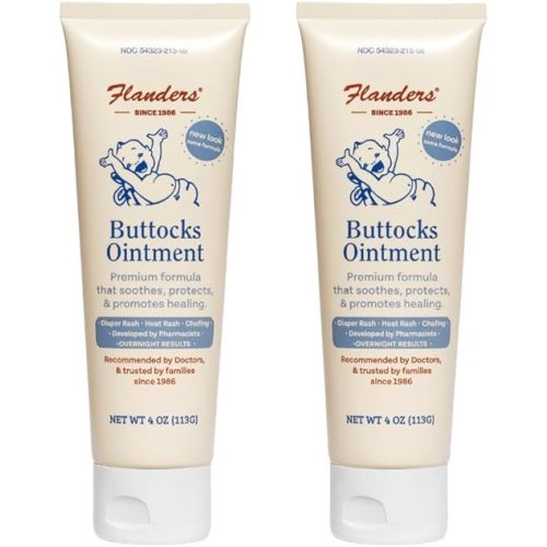 Flanders Buttocks Ointment - Diaper Rash Cream for Treatment & Prevention, Pharmacist Developed, Heat Rash & Chafing in Infants to Adults, Instant Relief (2 Pack of 4oz Tubes)