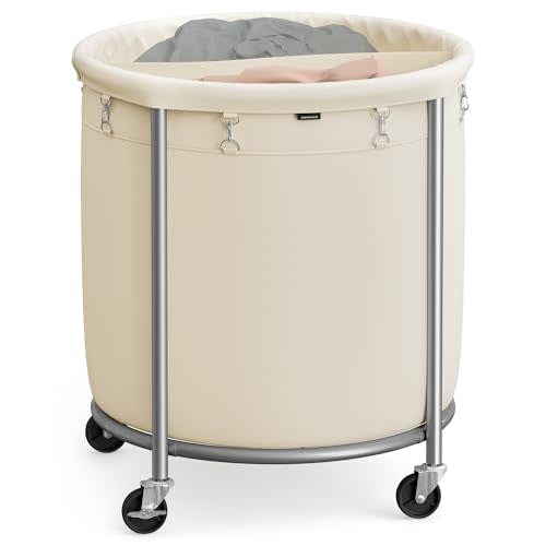 SONGMICS 63.5-Gallon (240 L) Laundry Basket with Wheels, Rolling Round Heavy-Duty Laundry Hamper Cart with Steel Frame and Removable Bag, 2 Locking Wheels, Cream White and Metallic Silver URLS012W01